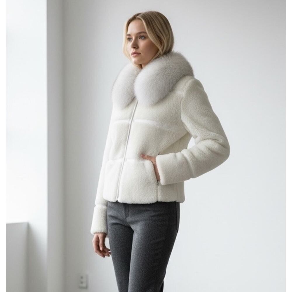Egoist Saga Fox Real Fox Fur Collar White Faux Shearling Jacket XS Luxury Korea